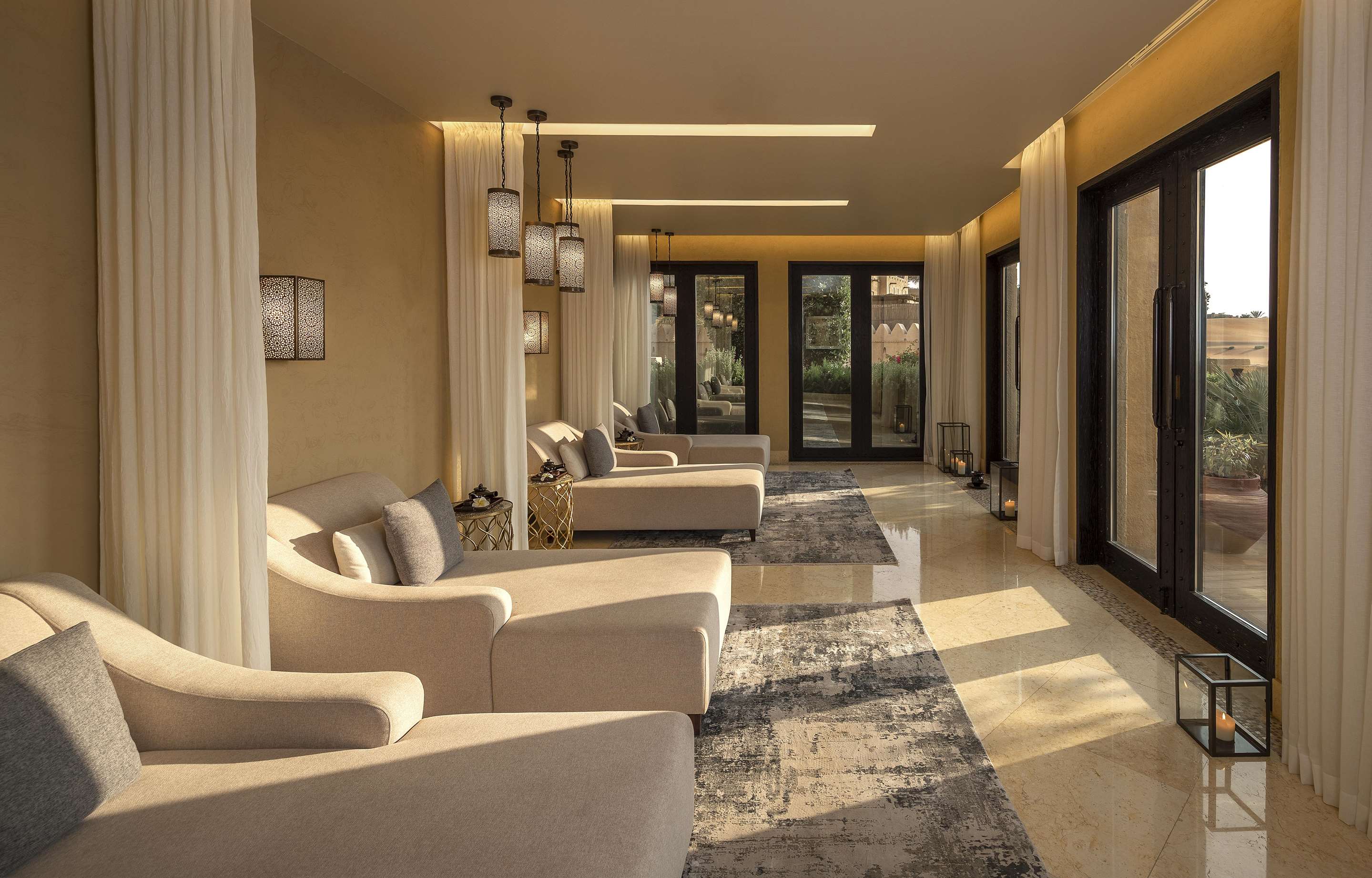 Interior view of relaxation room in spa with desert view
