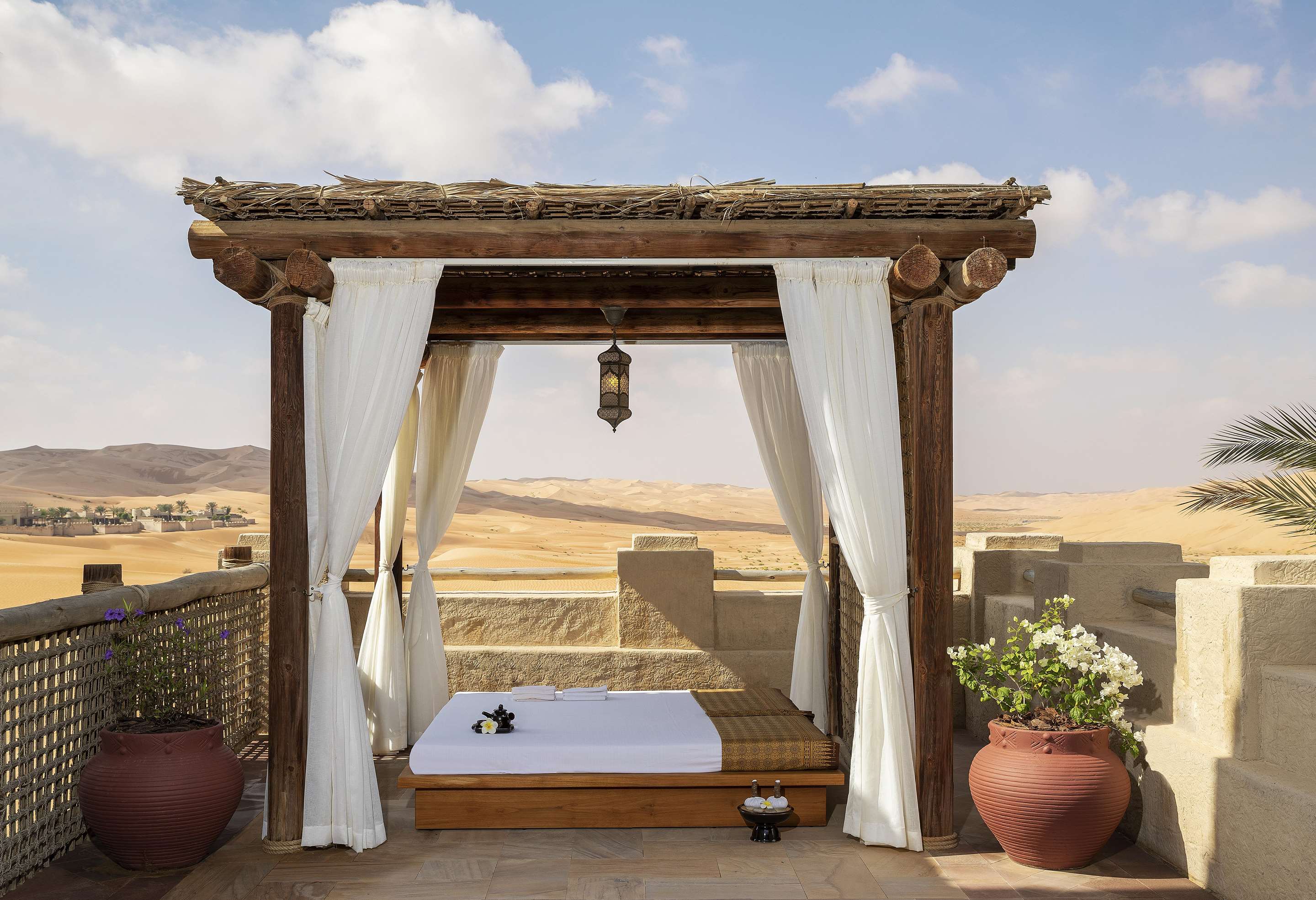 Exterior view of Thai Sala cabana for traditional Anantara Spa massage treatments with desert view