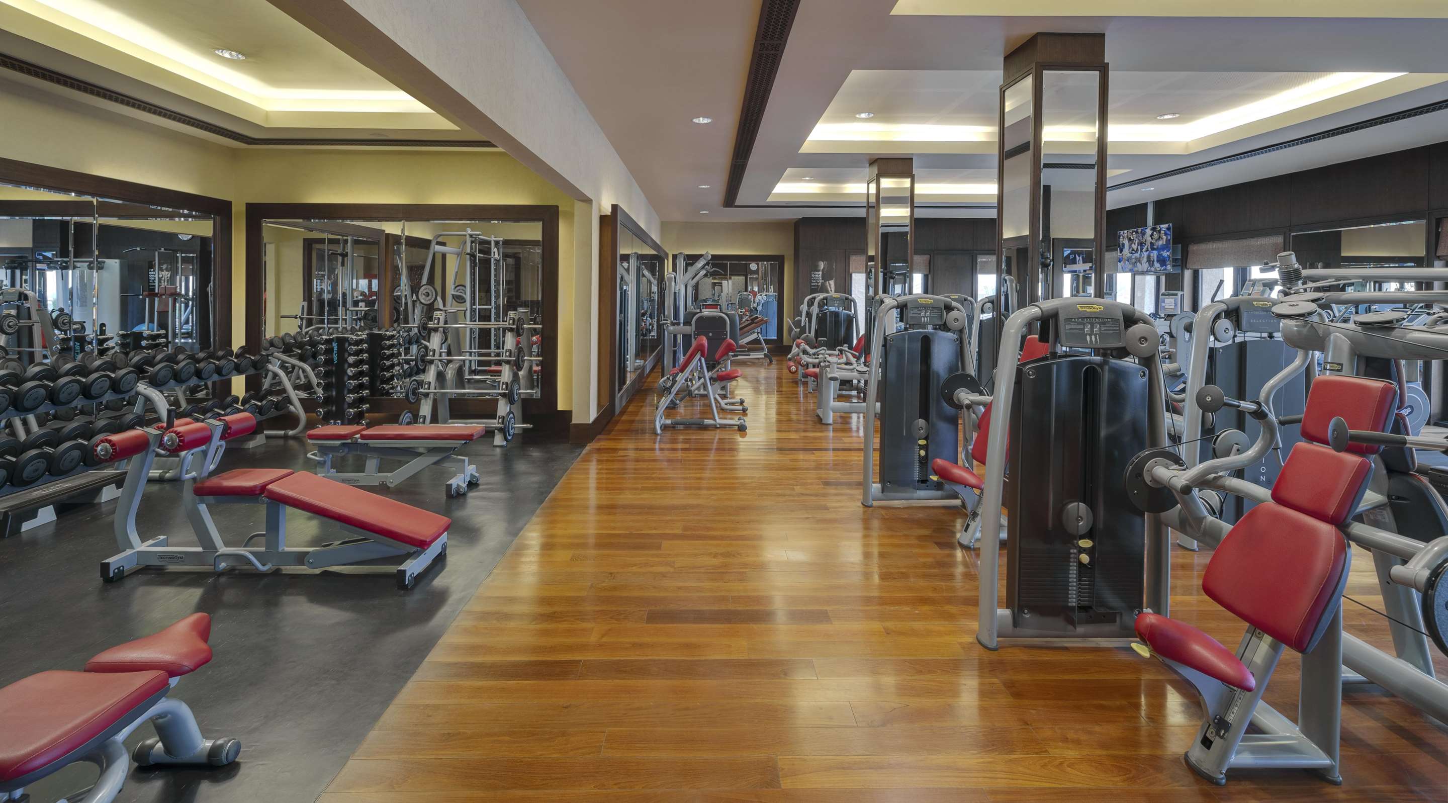 Interior view of resort gym with free weights and other equipment