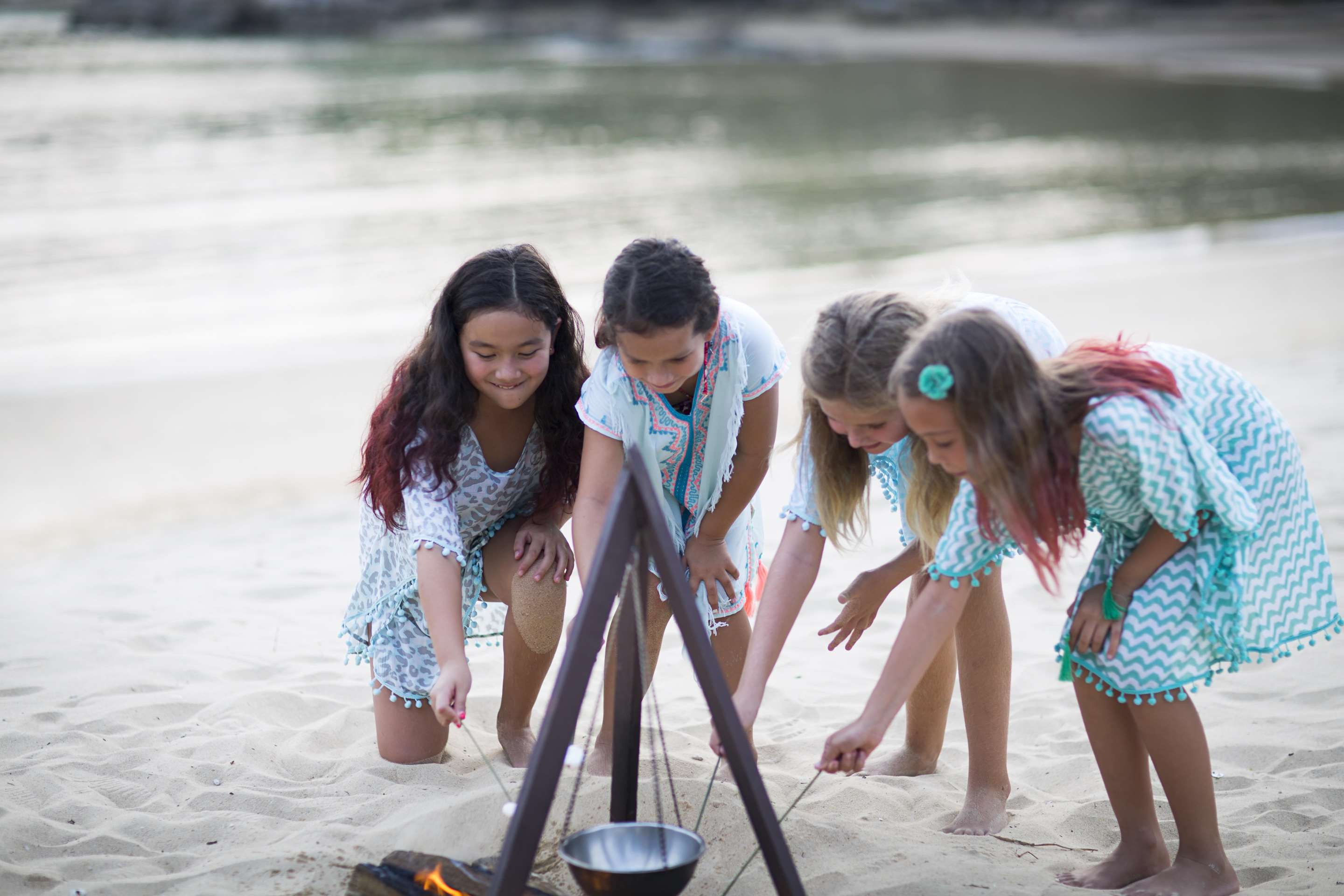 Children cooking marshmallows over a fire on the beach with the sea in the background