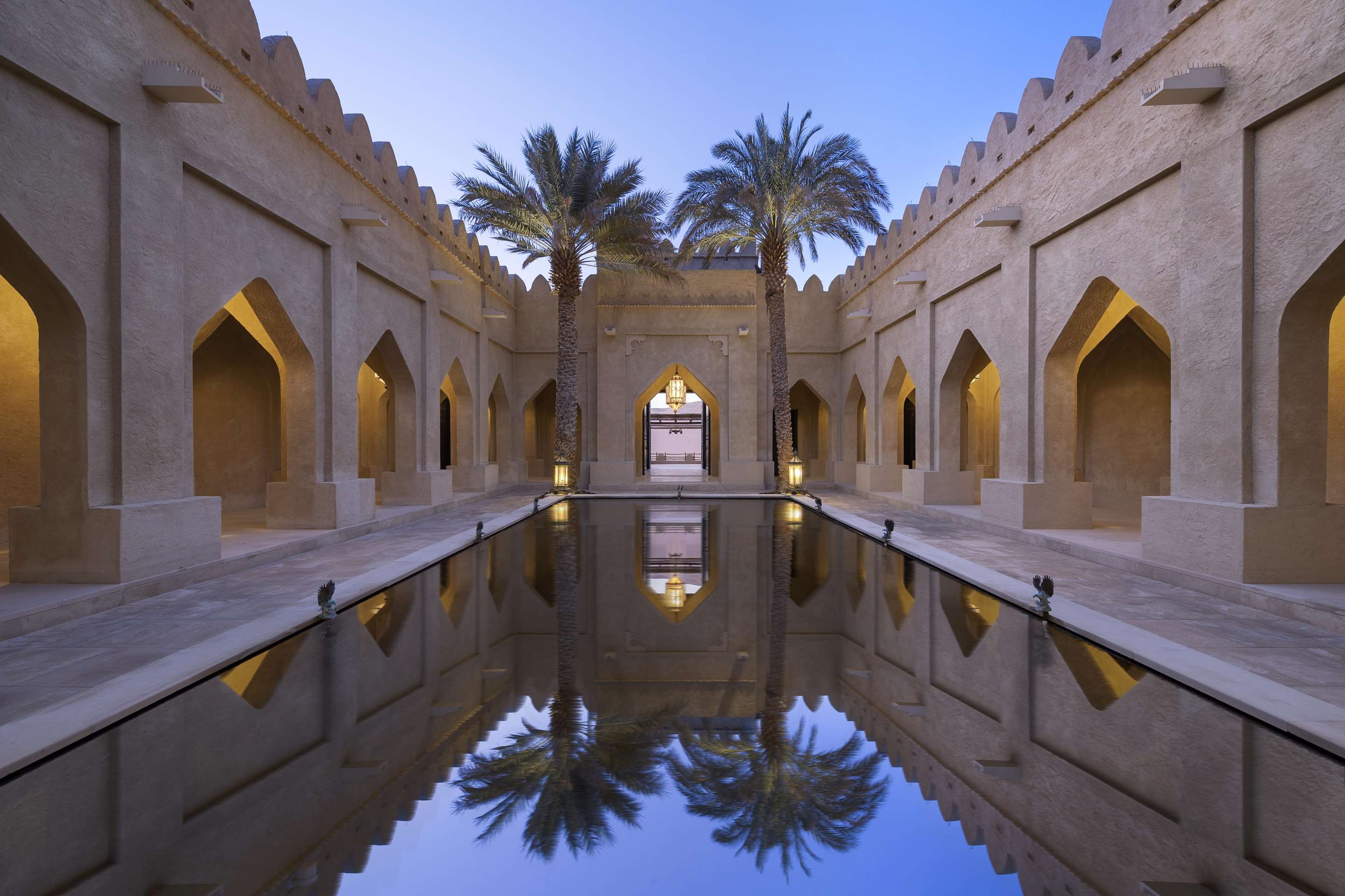 Interior view of Royal Pavilion pool courtyard at twilight